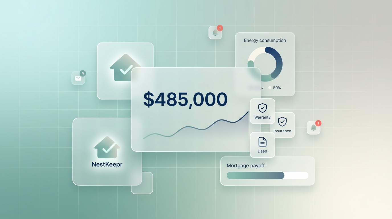 NestKeepr dashboard showing home value tracking, document management, and mortgage payoff progress